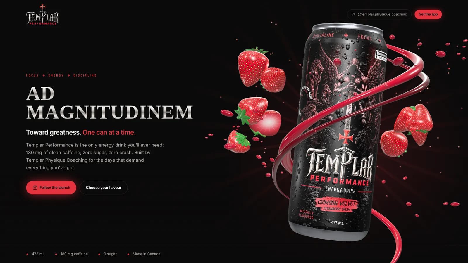 Templar Performance launch site with the 3D can and the strawberry splash on a desktop screen